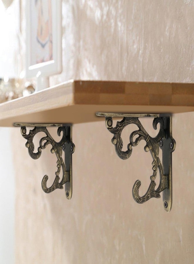 GHAR DWAR Metal Handcrafted Shelf Bracket for Floating Shelves L Angle Decorative L Shaped Corner Brace Joint Heavy Duty Wall Mounted Shelf Supporter Corner Brace Holder (Pack of 2, Brass Antique) - Image 1
